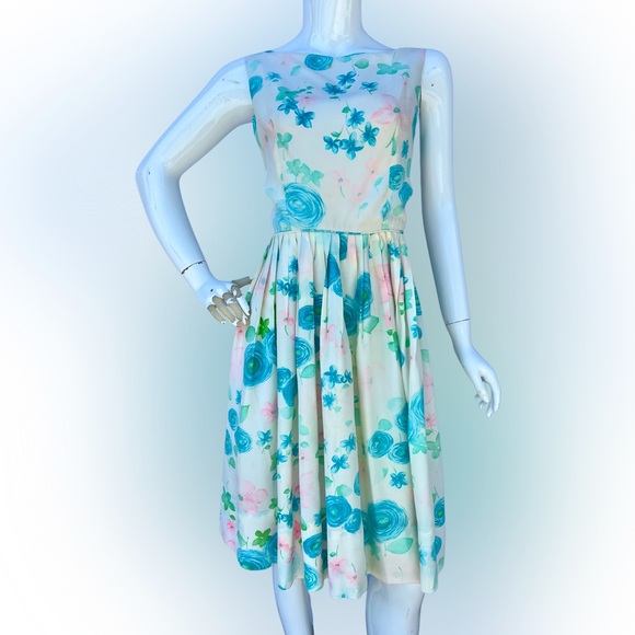50s/60s Pink and Blue Floral Sleeveless A-Line Dress - Picture 1 of 1